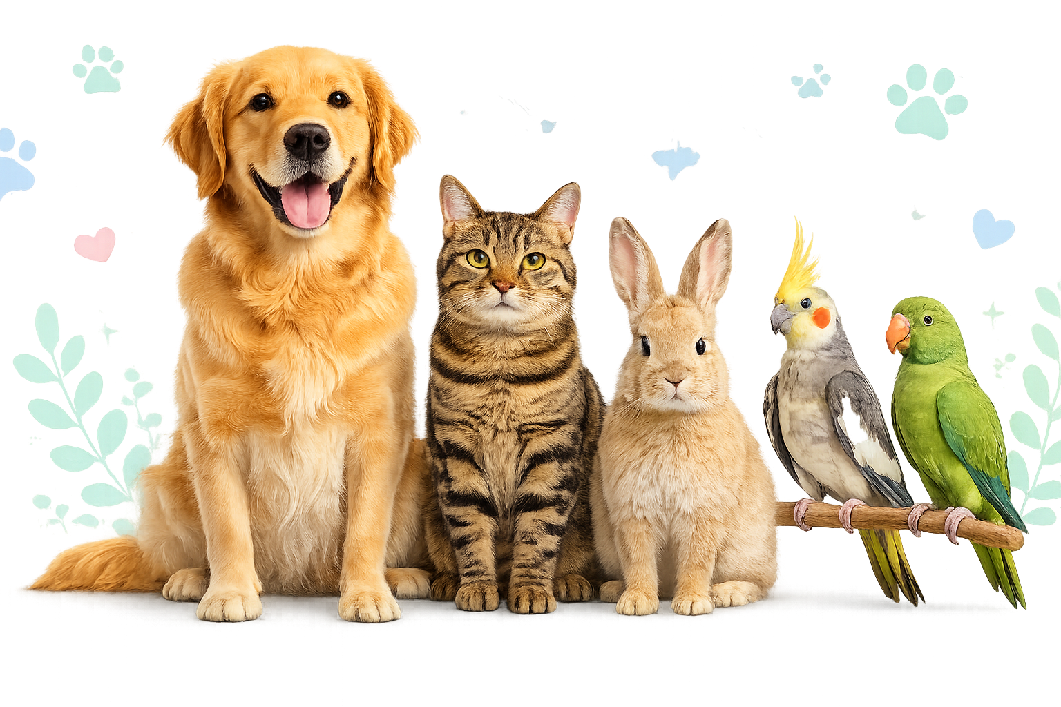 Golden retriever, tabby cat, rabbit, cockatiel and green parrot together